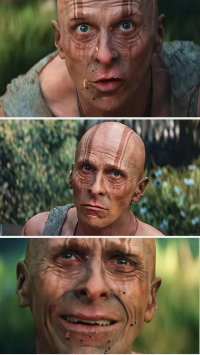 Three close-up shots of a bald character with facial tattoos and distressed expressions from a movie scene, set in an outdoor environment