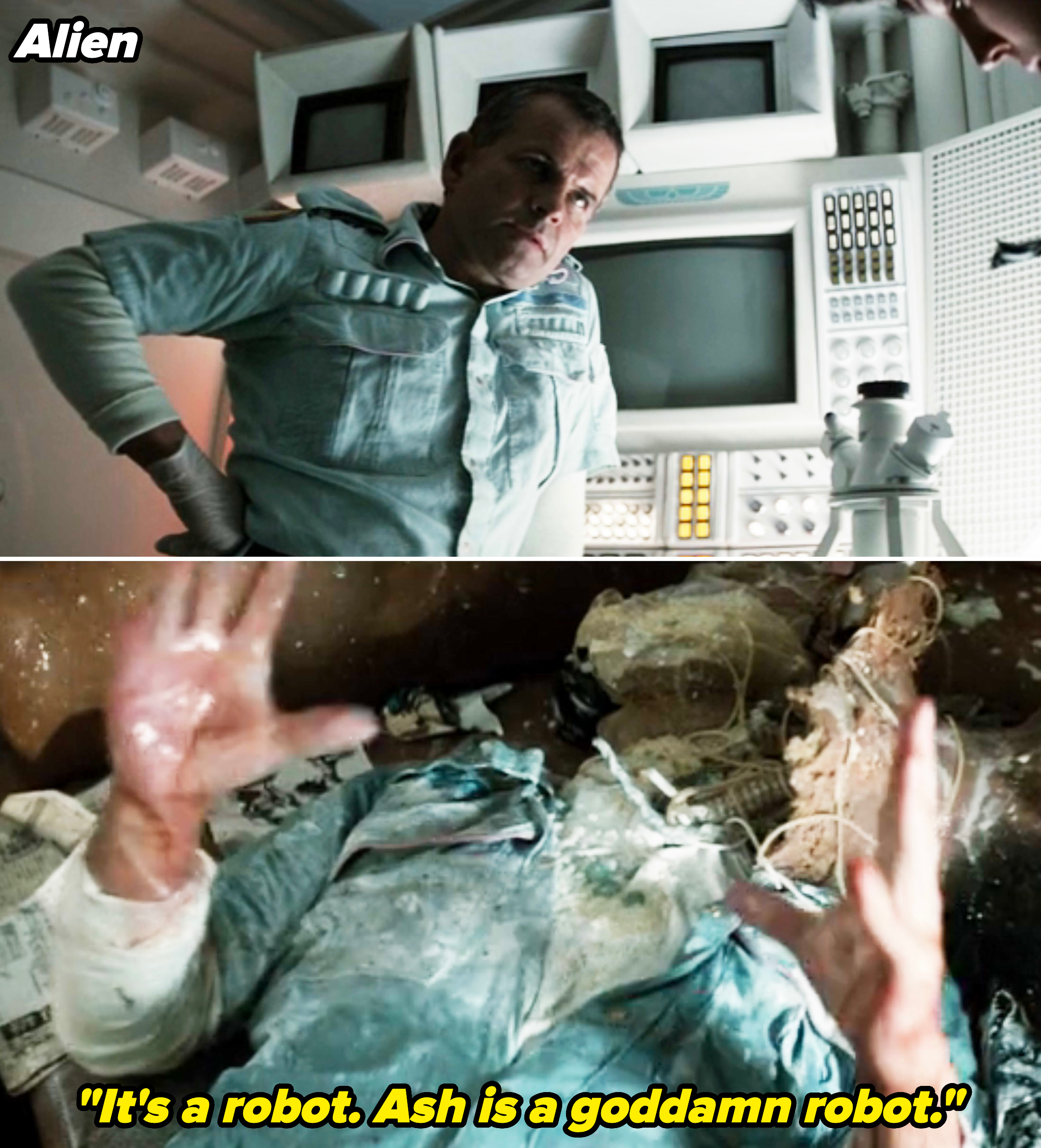 Two stills from the movie "Alien": top shows Ian Holm as Ash in a spaceship, bottom shows Ash covered in white fluid and wires after his head is knocked off