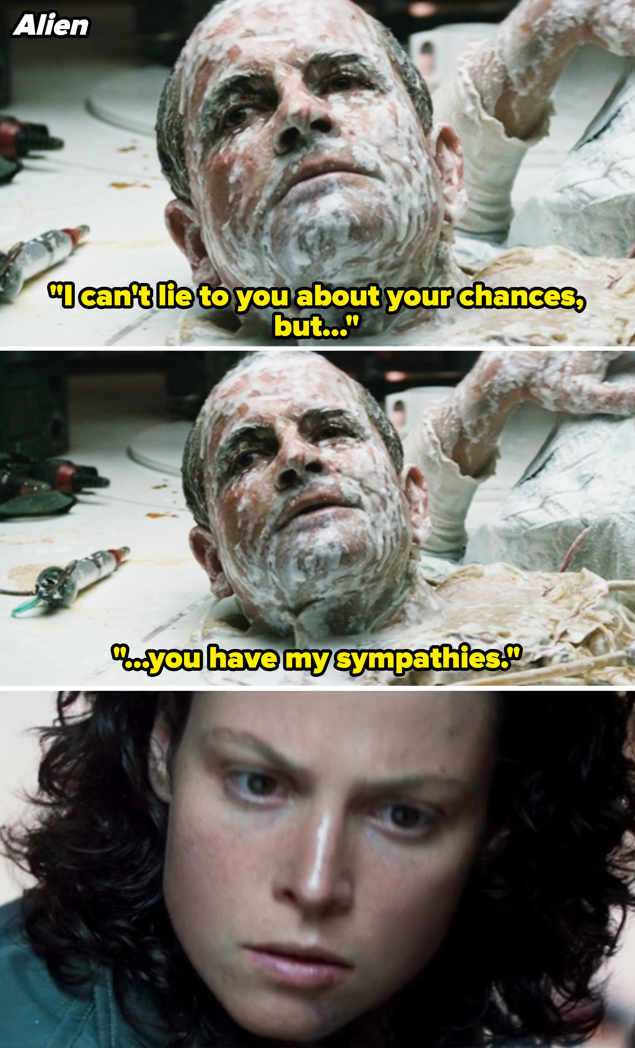 Top two images: Ian Holm's character, Ash, in "Alien" damaged with robot parts visible. Bottom image: Close-up of Sigourney Weaver's character, Ripley, looking concerned