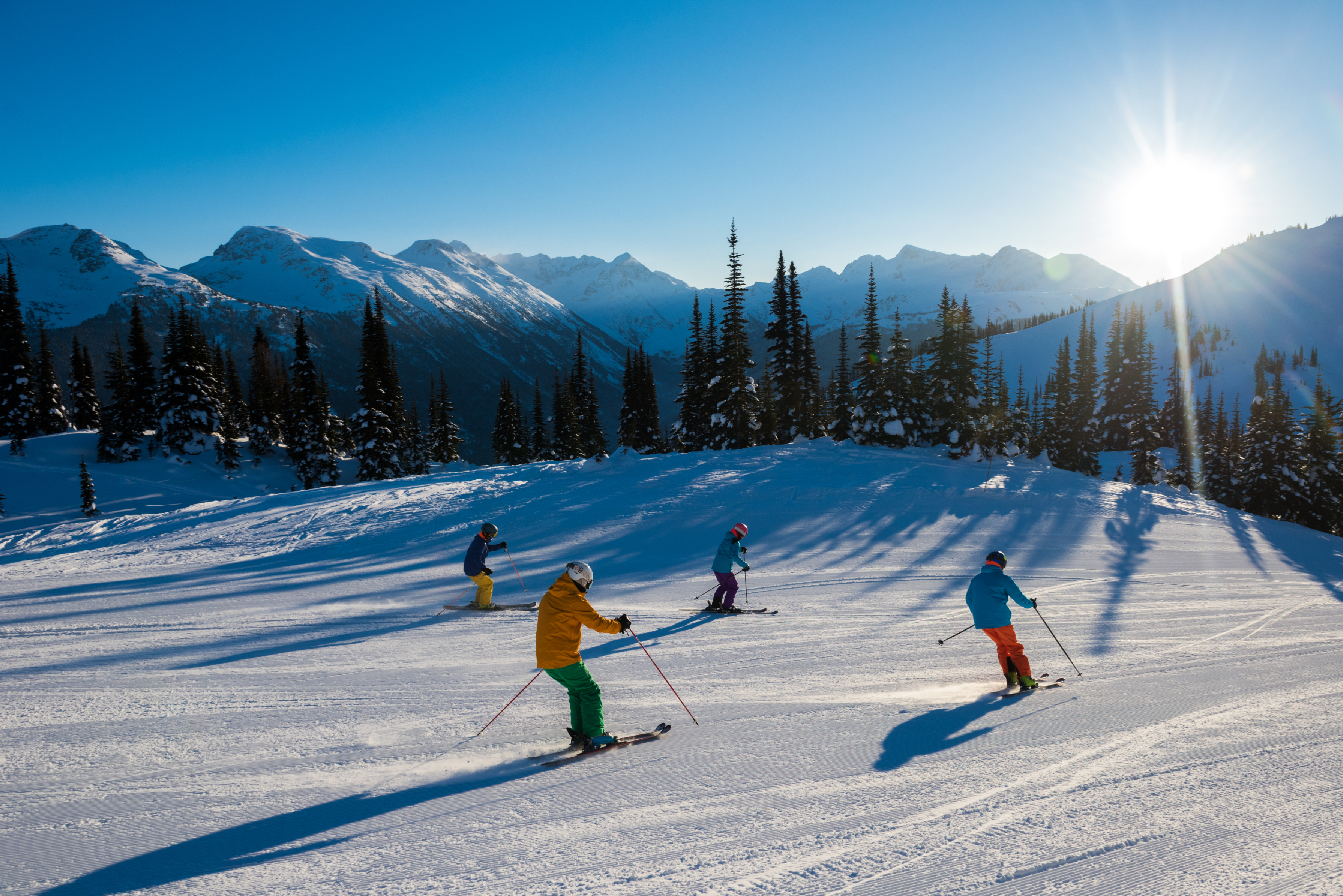A group of skiers descends a snowy mountain slope with trees and distant peaks in the background under a bright sun
