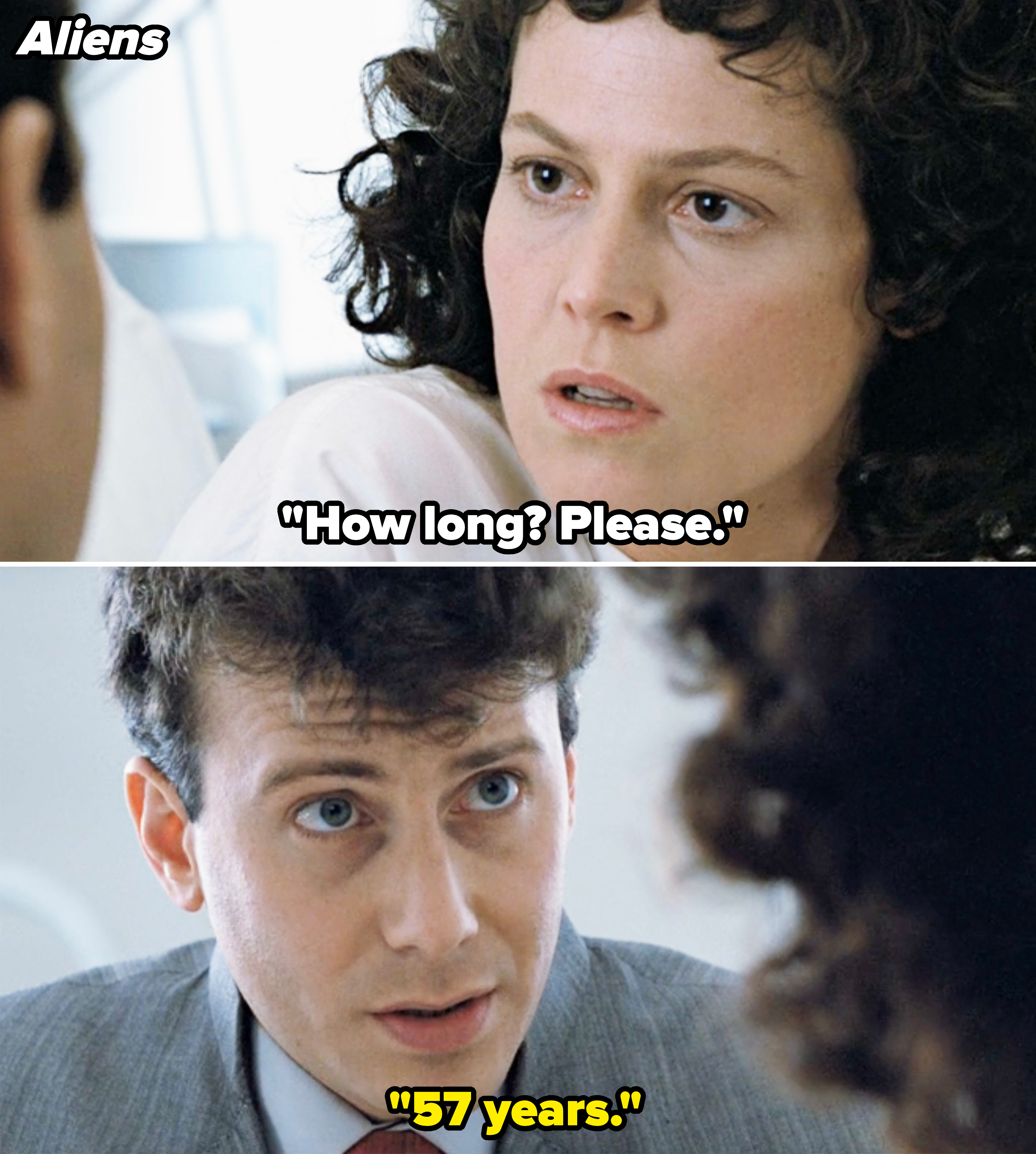 Sigourney Weaver and Paul Reiser in a scene from a movie, with Weaver looking intense and Reiser in a suit appearing concerned