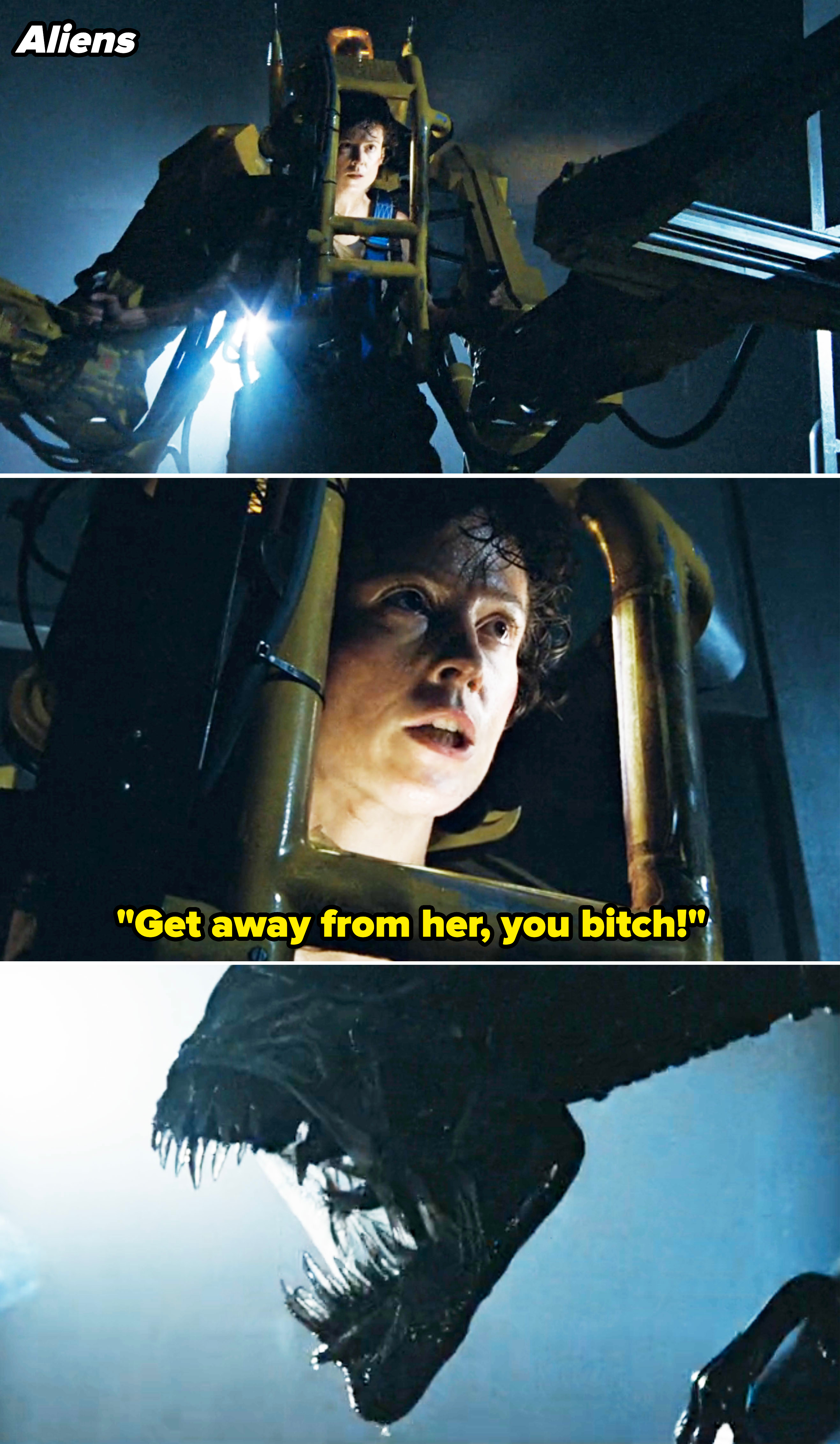 Sigourney Weaver as Ripley in exosuit combat with an alien creature in scenes from the movie "Aliens."