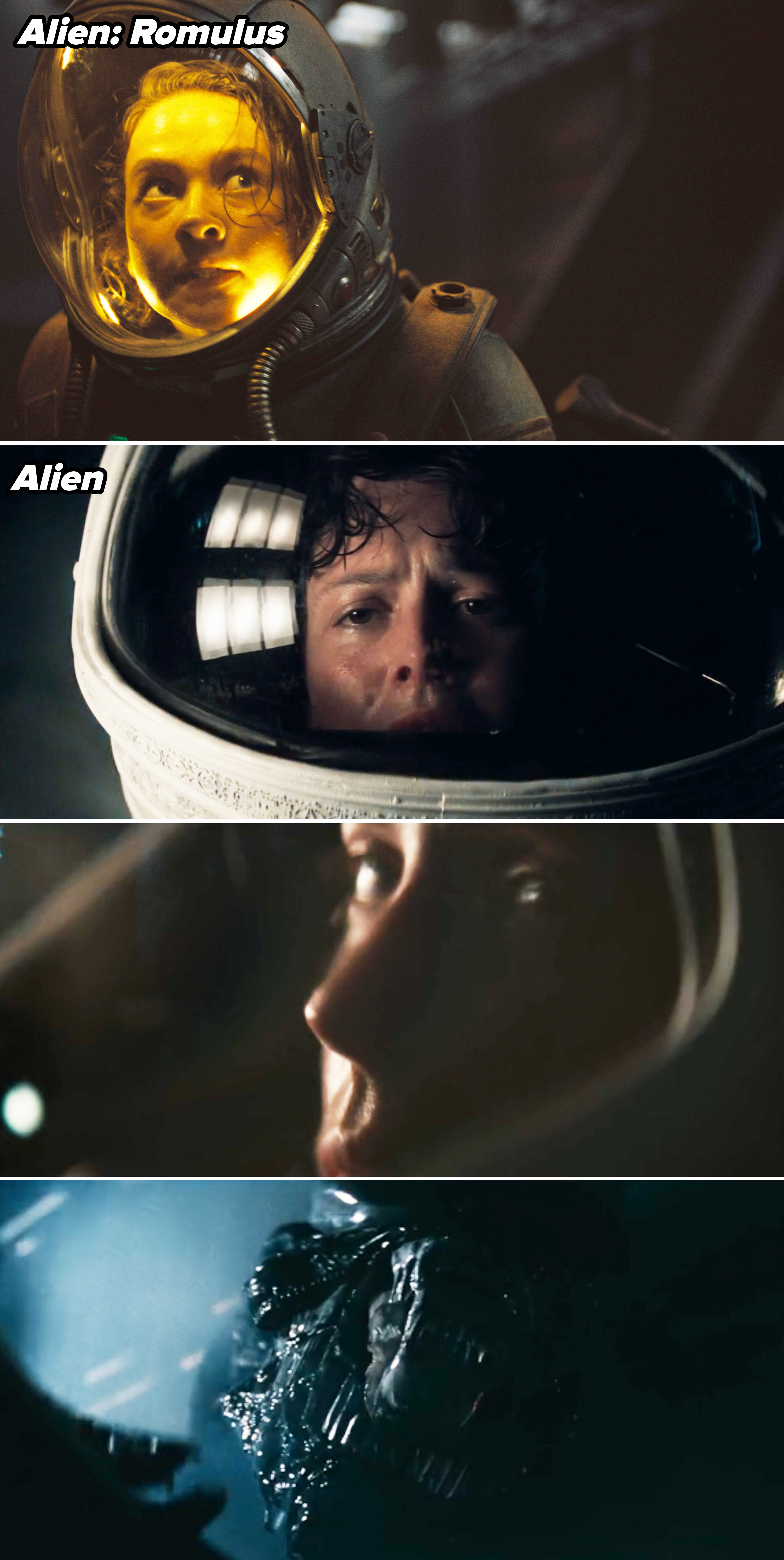 Characters in spacesuits looking concerned: top two images show Cailee Spaeny and other two images feature Sigourney Weaver. Bottom image shows an alien creature