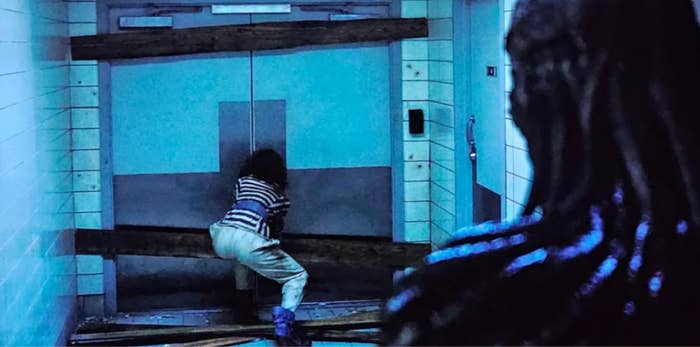 Top: Woman pushes against barricaded doors in a hall. Bottom: Woman with striped top runs in a panic indoors