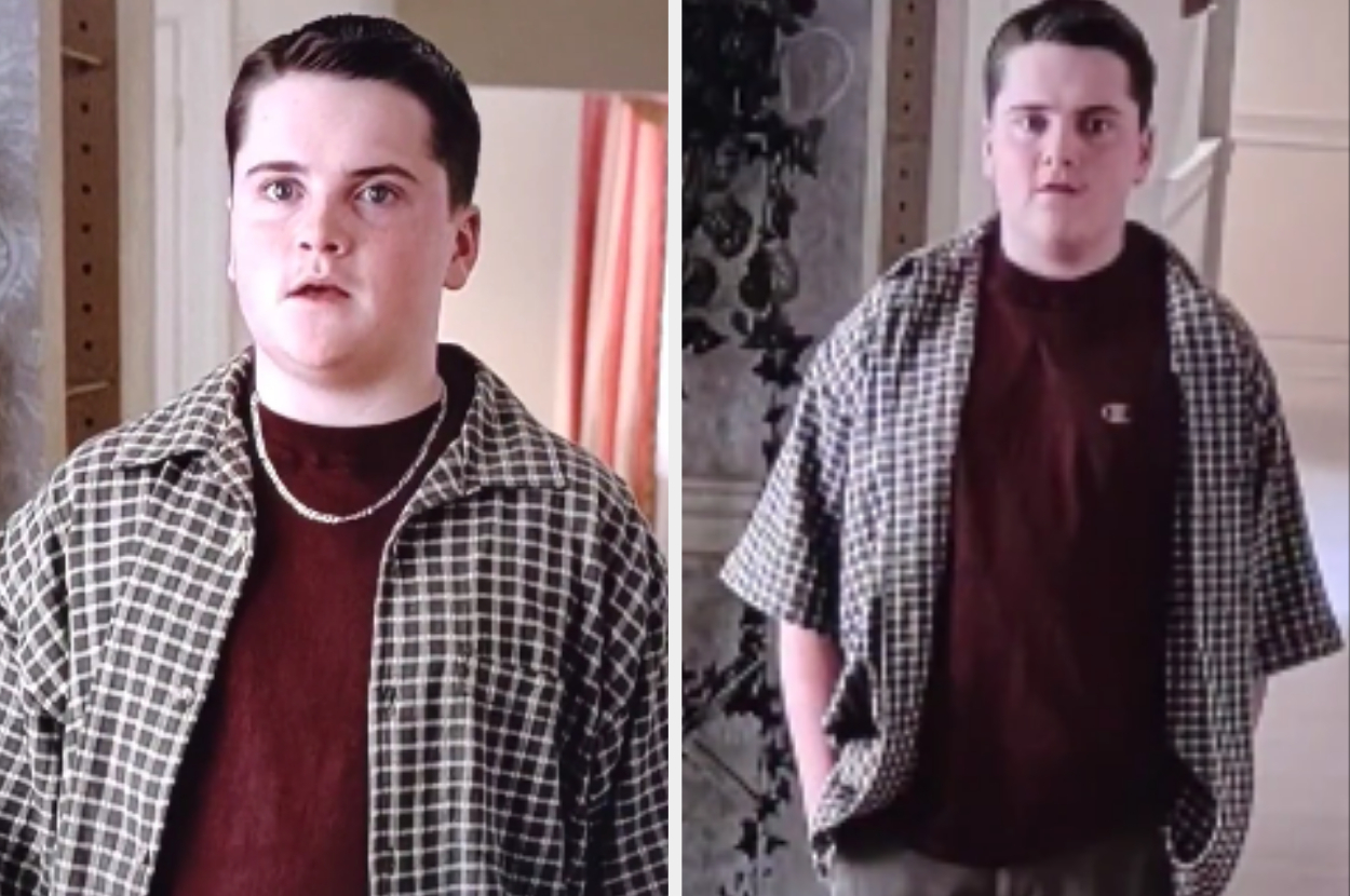 A young man in a checkered shirt over a brown t-shirt stands indoors. The image is split into two similar scenes of him looking ahead