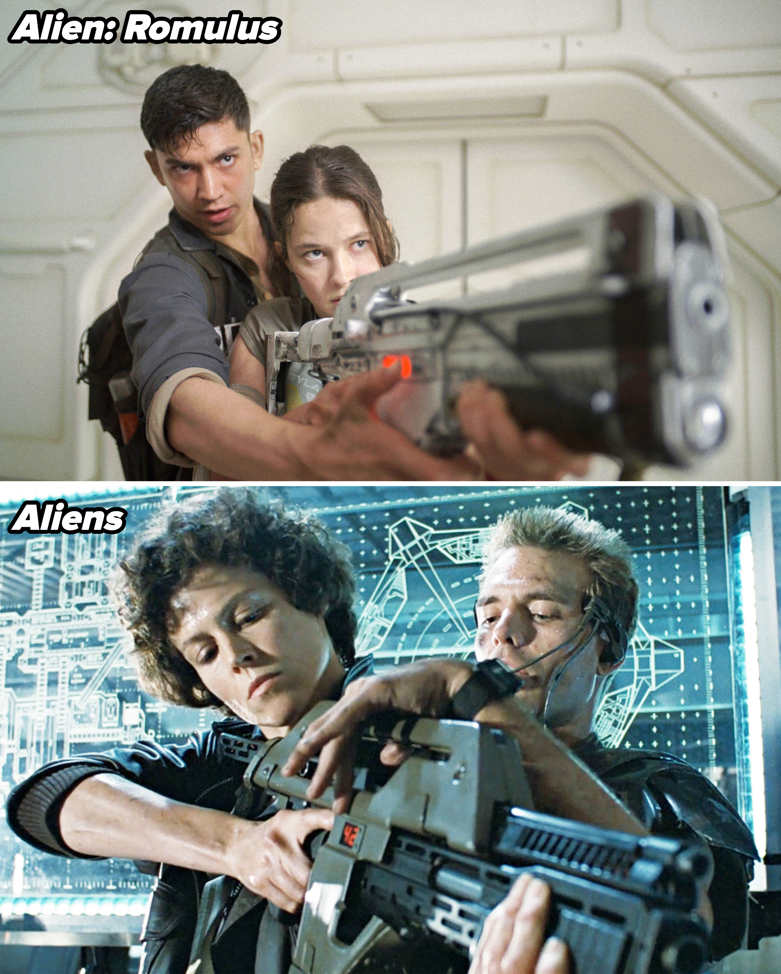 Top: A man and a woman hold a futuristic weapon in a sci-fi setting.<br>
Bottom: Two individuals in a sci-fi setting examine a large, futuristic gun