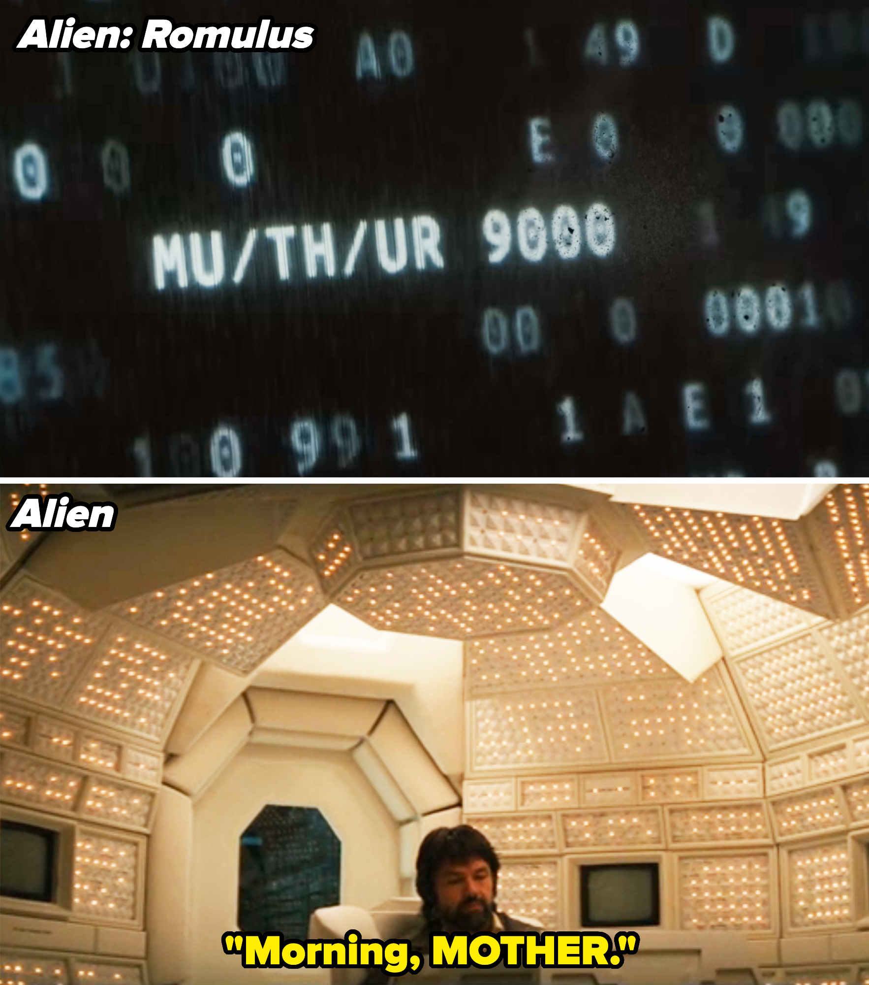 Top: Close-up of computer display showing "MU/TH/UR 9000". Bottom: Scene with man (actor Ian Holm) in a futuristic control room