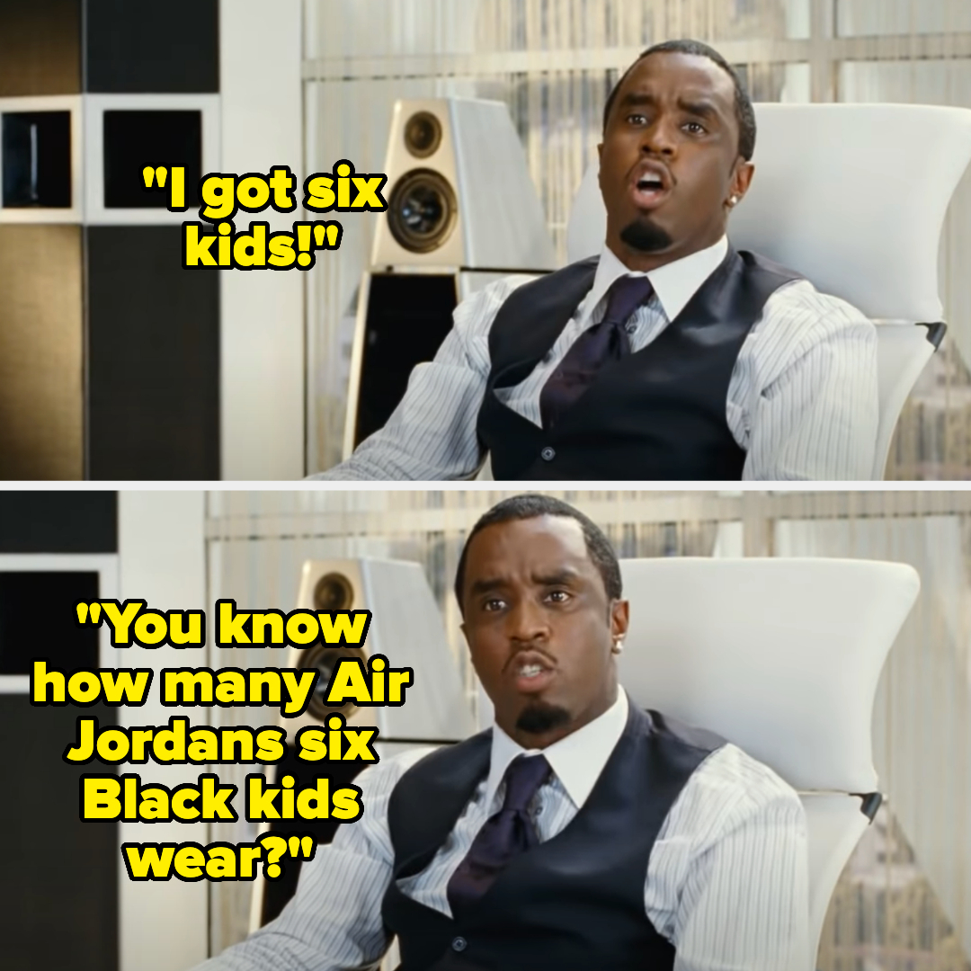 Sean Combs, dressed in a suit, says &quot;I got six kids!&quot; and then &quot;You know how many Air Jordans six Black kids wear?&quot; while sitting in an office chair