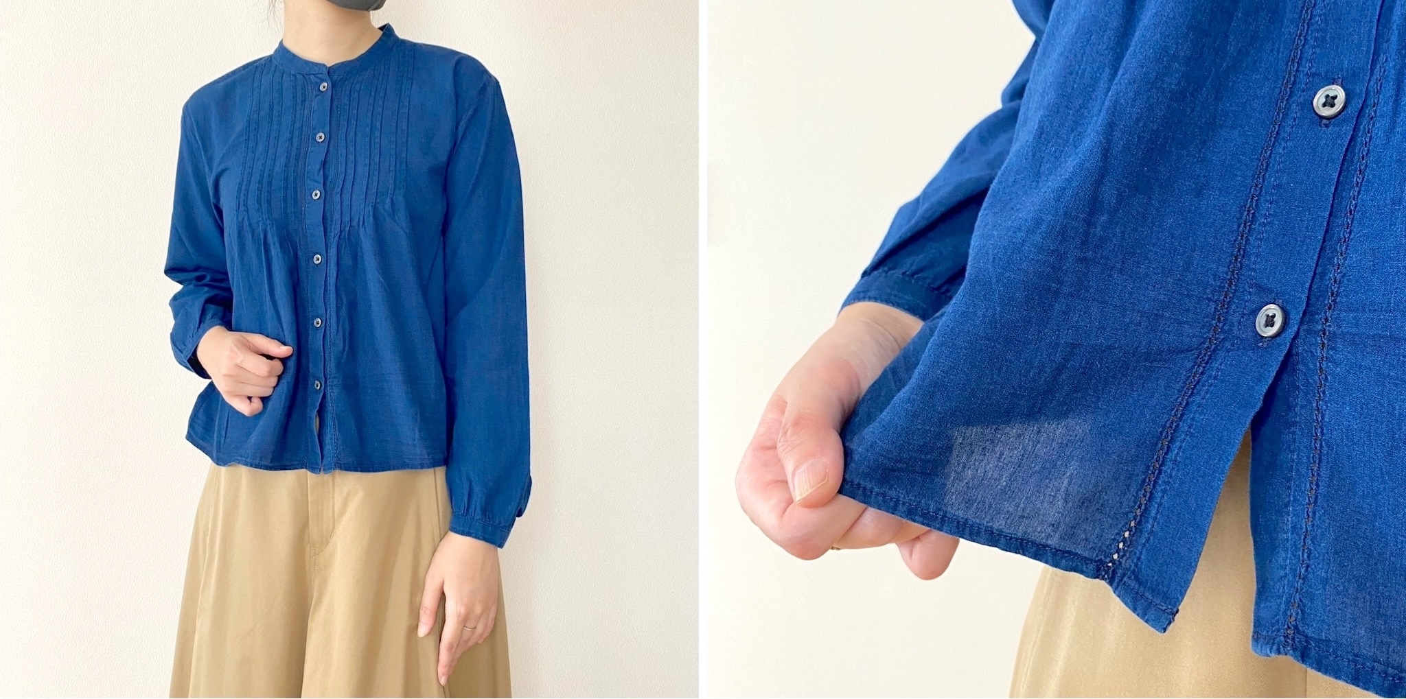 無印良品のおすすめファッションアイテム「婦人 綿ボイル インディゴ染め長袖ブラウス」