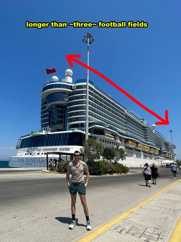 A person stands in front of a cruise ship with "Sun Princess" on the side. The ship is described as being longer than three football fields