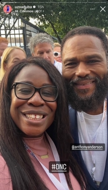Uzo Aduba and Anthony Anderson smile together at an outdoor event, as indicated by the #DNC tag