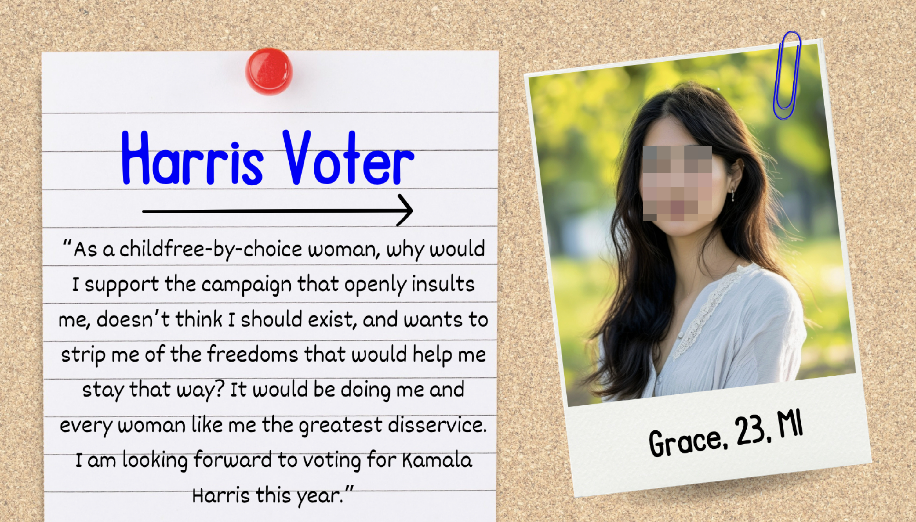 A note pinned to a board reads: "Harris Voter: 'As a childfree-by-choice woman, why would I support the campaign that openly insults me…Looking forward to voting for Kamala Harris.'" A photo shows Grace, 23, MI