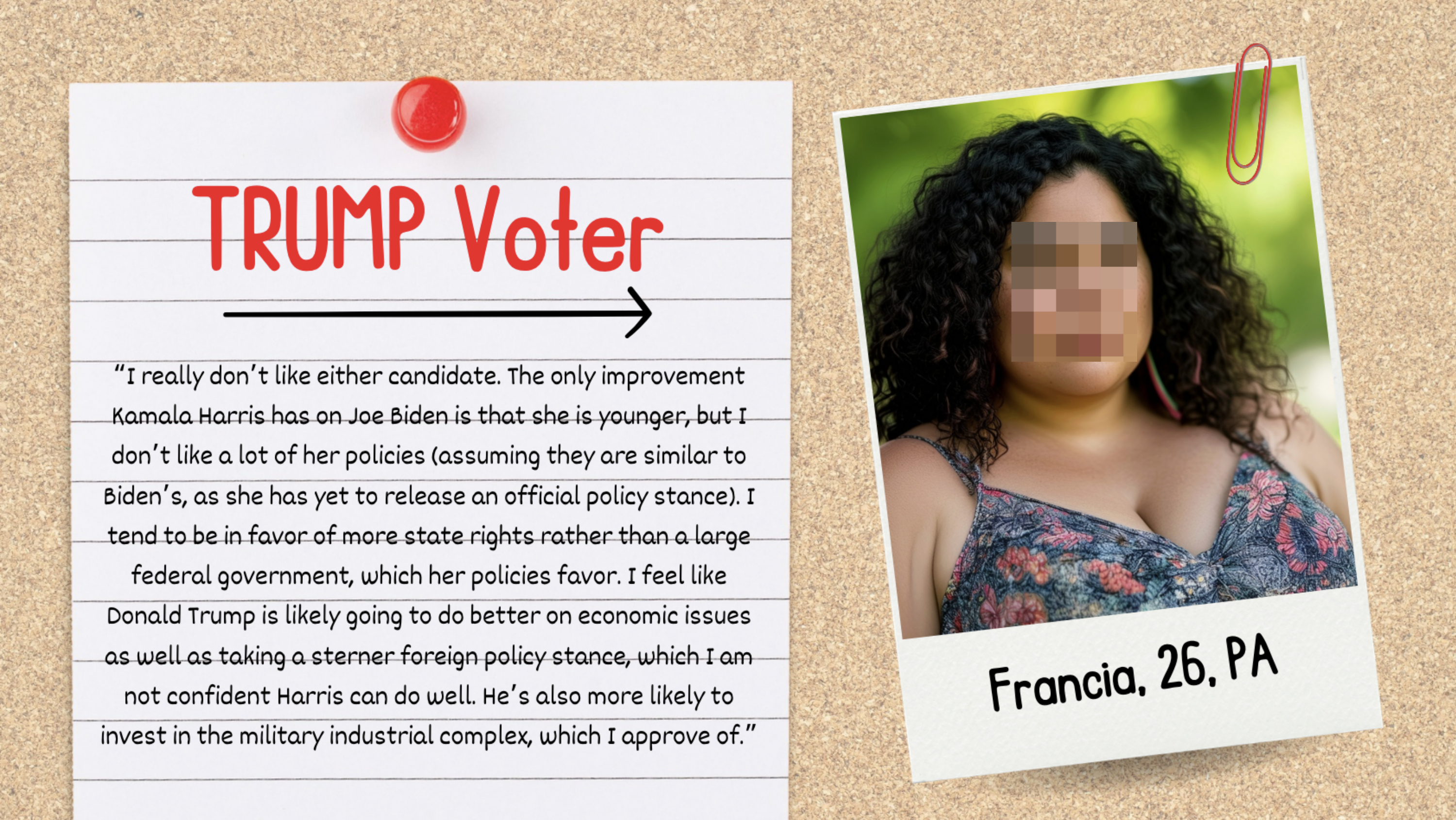 Pinned note titled "TRUMP Voter" with text expressing concerns about Biden and support for Trump's policies. Photo of Francia, age 26, from PA, attached with a red paperclip