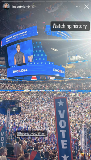 Large crowd at the DNC 2024 convention in Chicago. A person speaks on a large screen. Text reads "Watching history." Thecreativecoalition Instagram handle visible