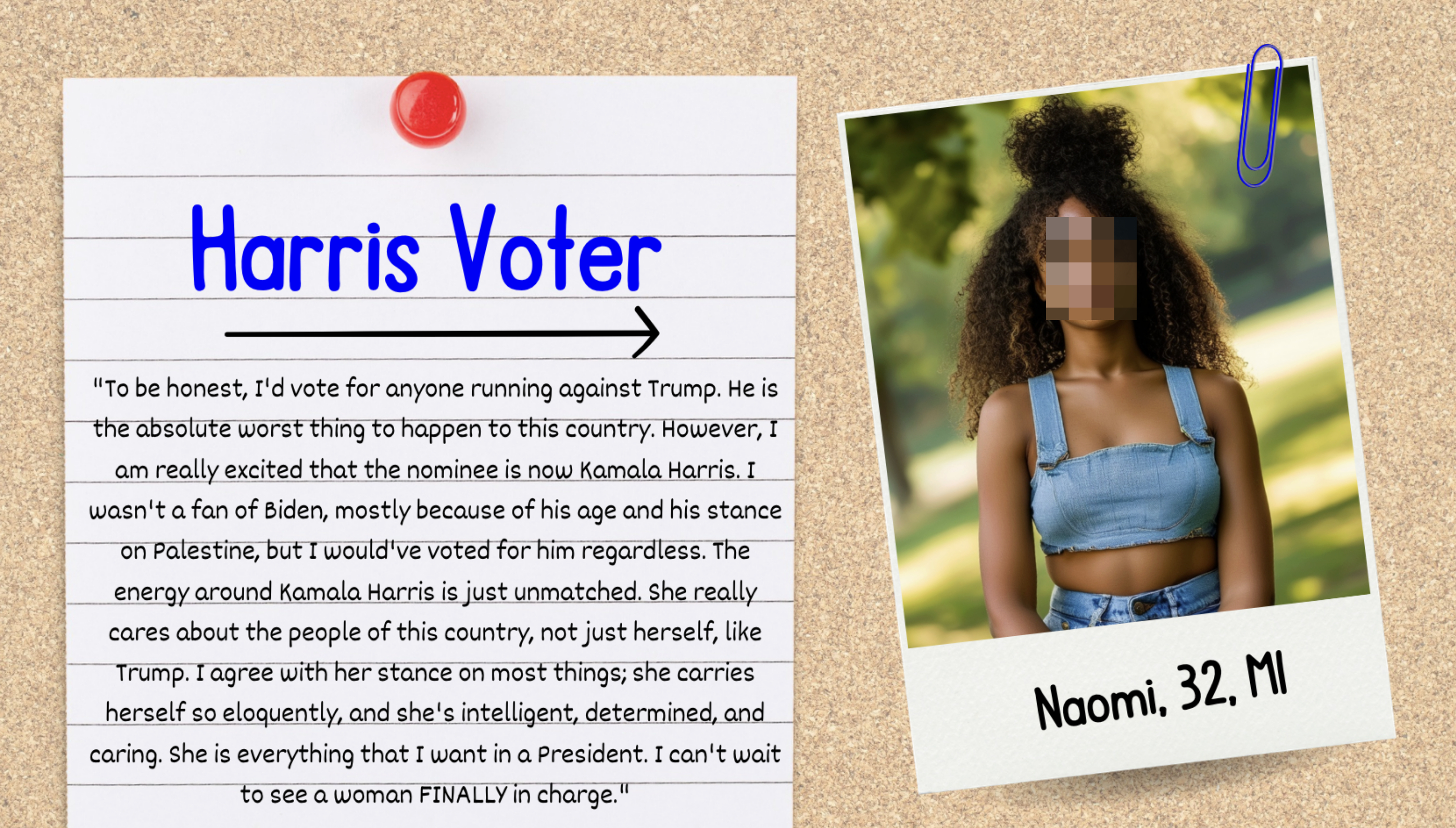 A paper with the heading "Harris Voter" with a quote expressing support for Kamala Harris. A photo of Naomi, age 32, from MI, is attached to the paper