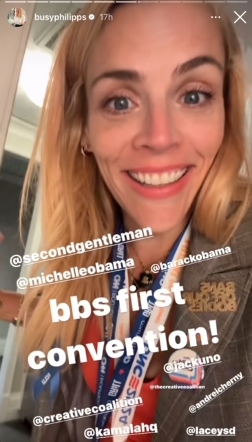 Busy Philipps smiles, wearing multiple convention lanyards around her neck. The image is overlaid with Instagram usernames and the text "bbs first convention!"
