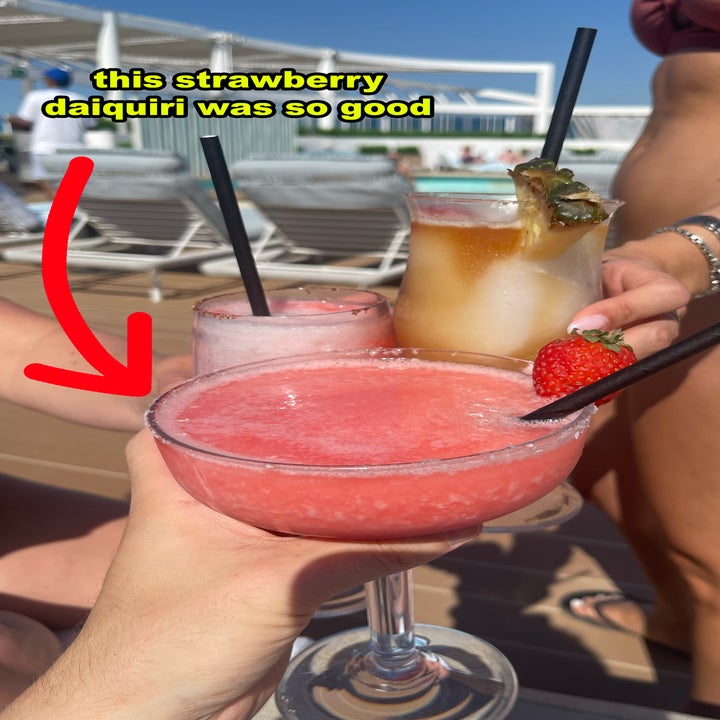 People holding various drinks, including a strawberry daiquiri, with text reading "this strawberry daiquiri was so good."