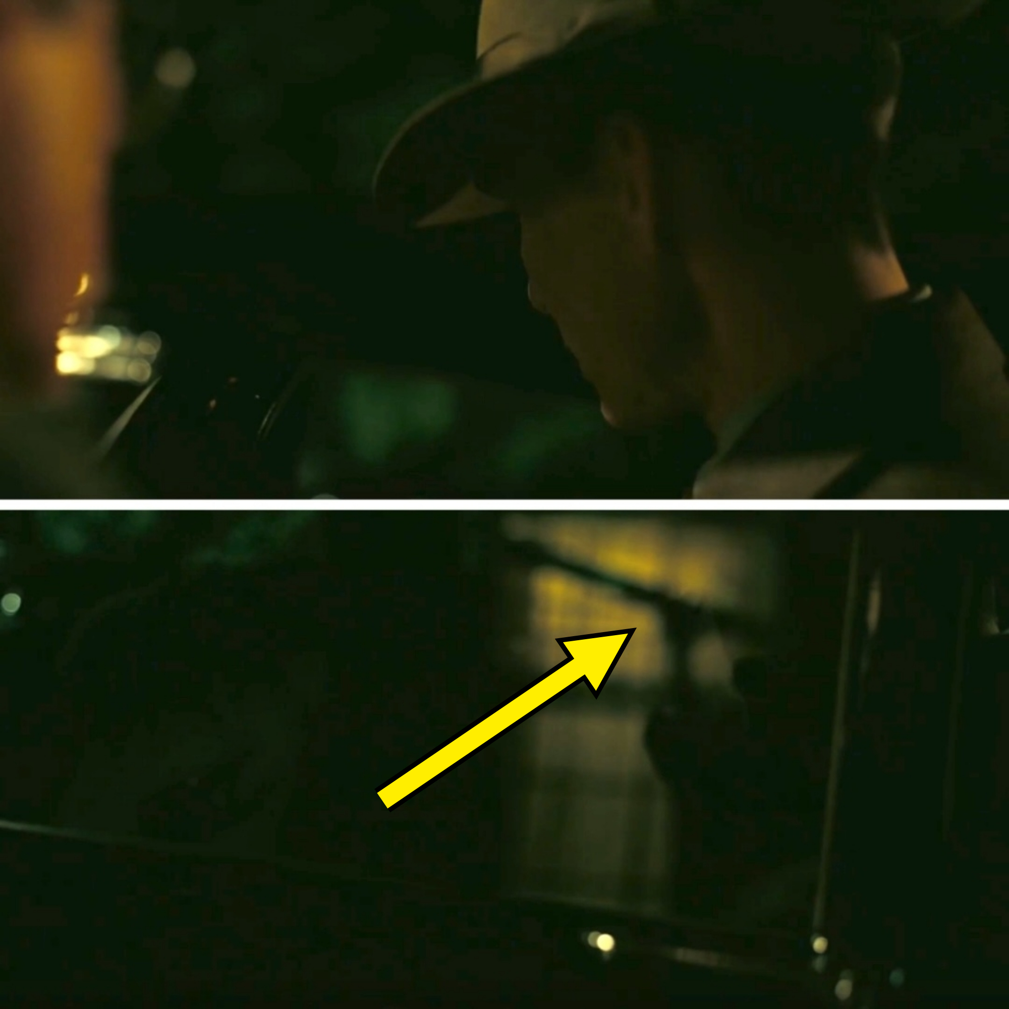 A man wearing a hat looks through the driver's side window of a car at night. The scene is dark, with limited visibility of details