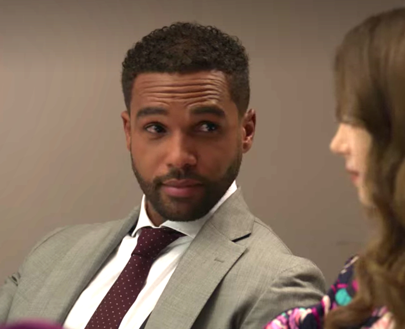Still from TV series showing Lucien Laviscount wearing a suit with a maroon tie, looking towards Lily Collins who is out of focus