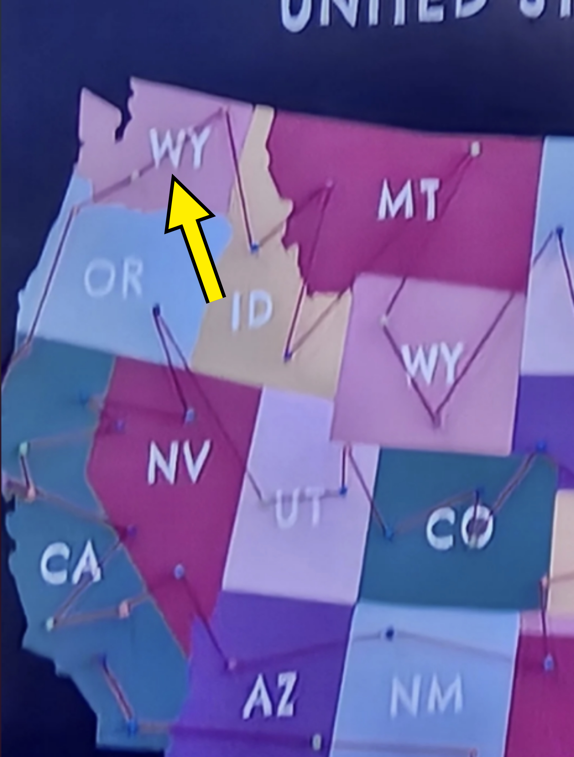 A colorful map shows several Western U.S. states linked with strings and pins, representing connections between states like CA, NV, AZ, OR, ID, WY, MT, and CO