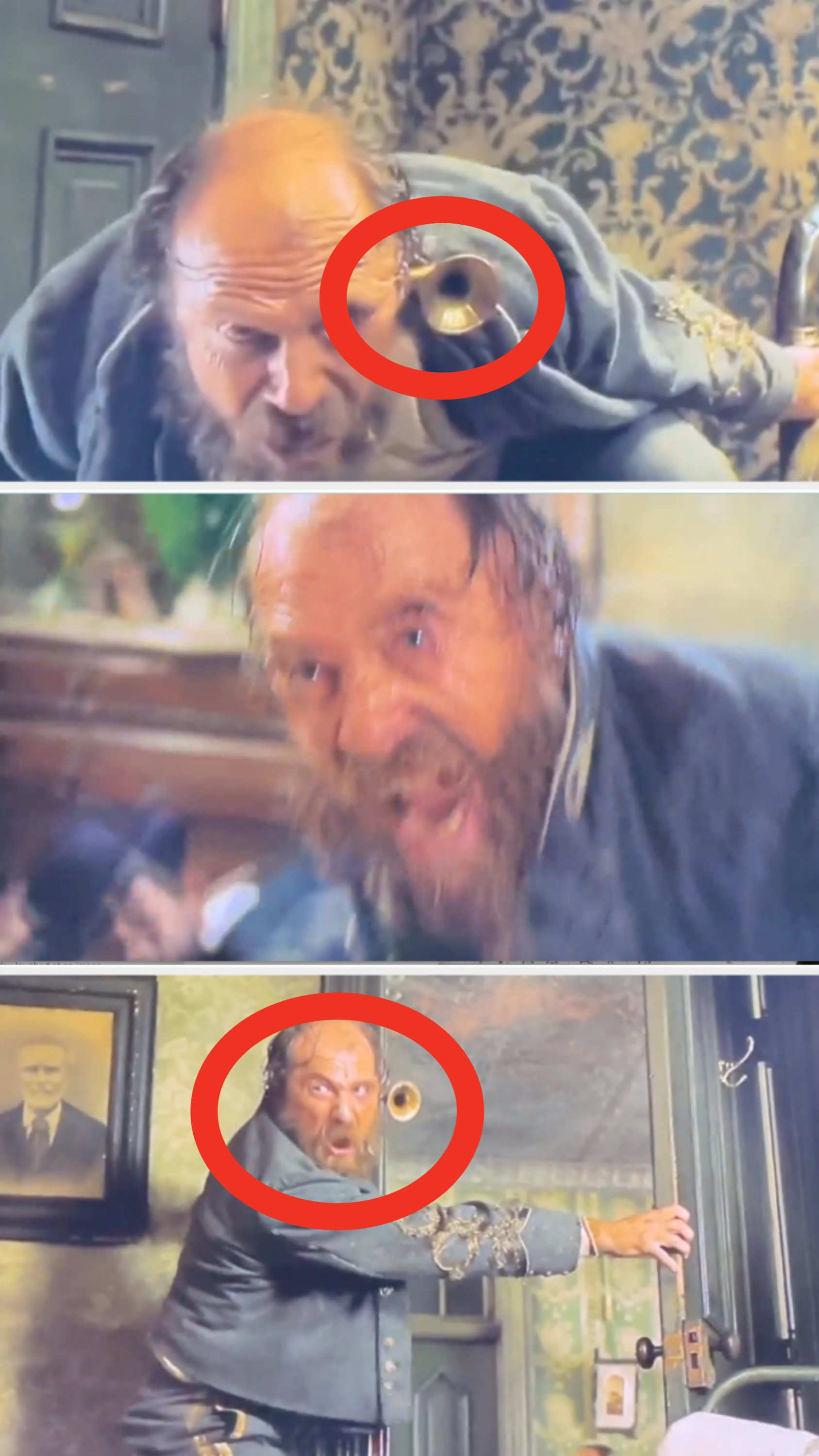 Three shots of a startled Robbie Coltrane as Petigrubber, his face showing intense emotion, in a Victorian-style room, attempting to escape