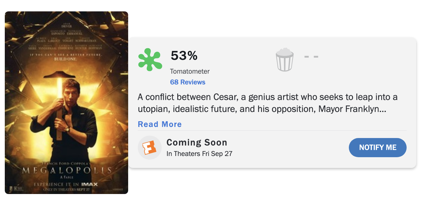 Movie poster for &quot;Megalopolis&quot; shows a person standing in the center holding an object with a glowing background. Ratings and summary text mention a conflict in a utopian future