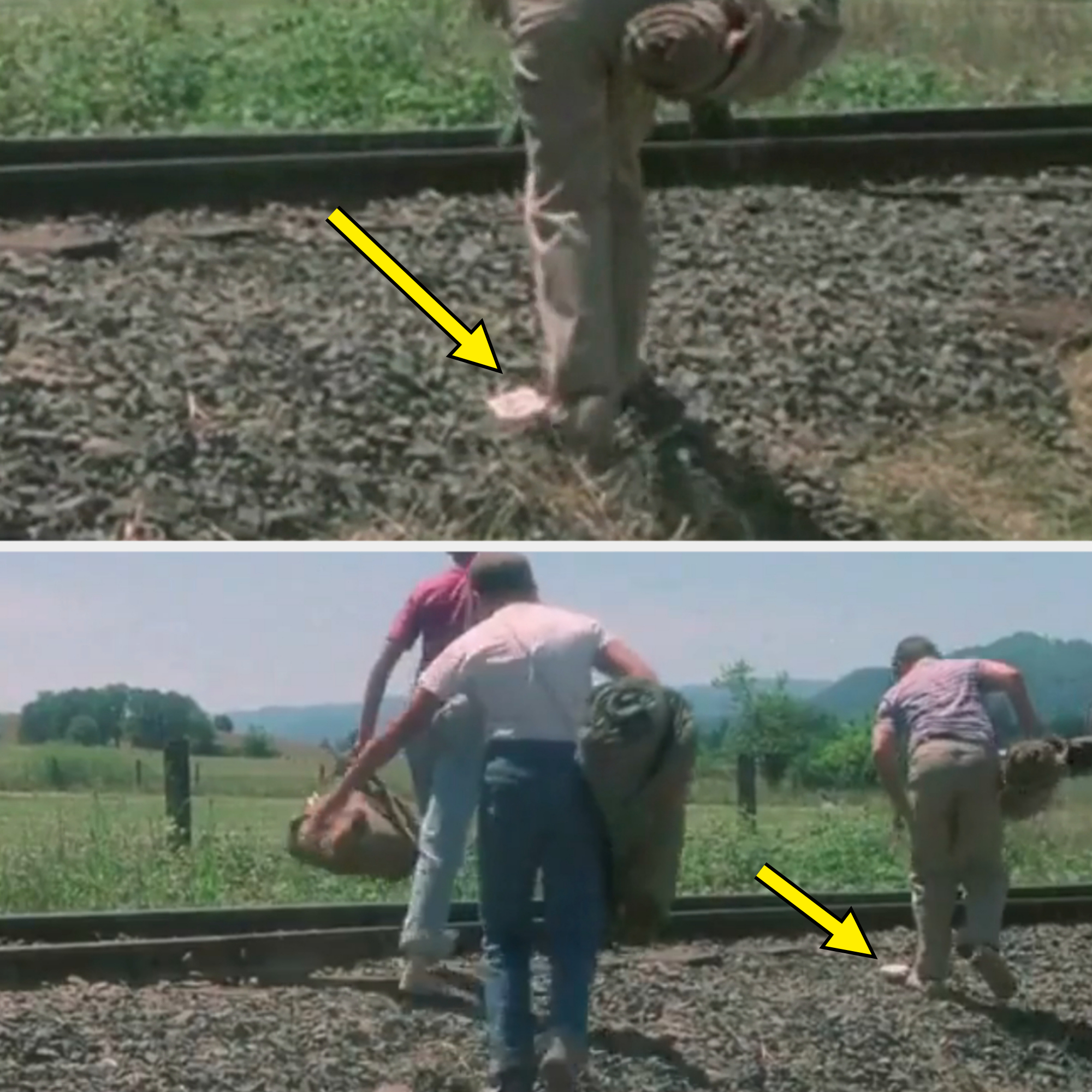Three people walking along railroad tracks carrying camping gear. One has a rolled sleeping bag. Scene from a rural outdoor setting