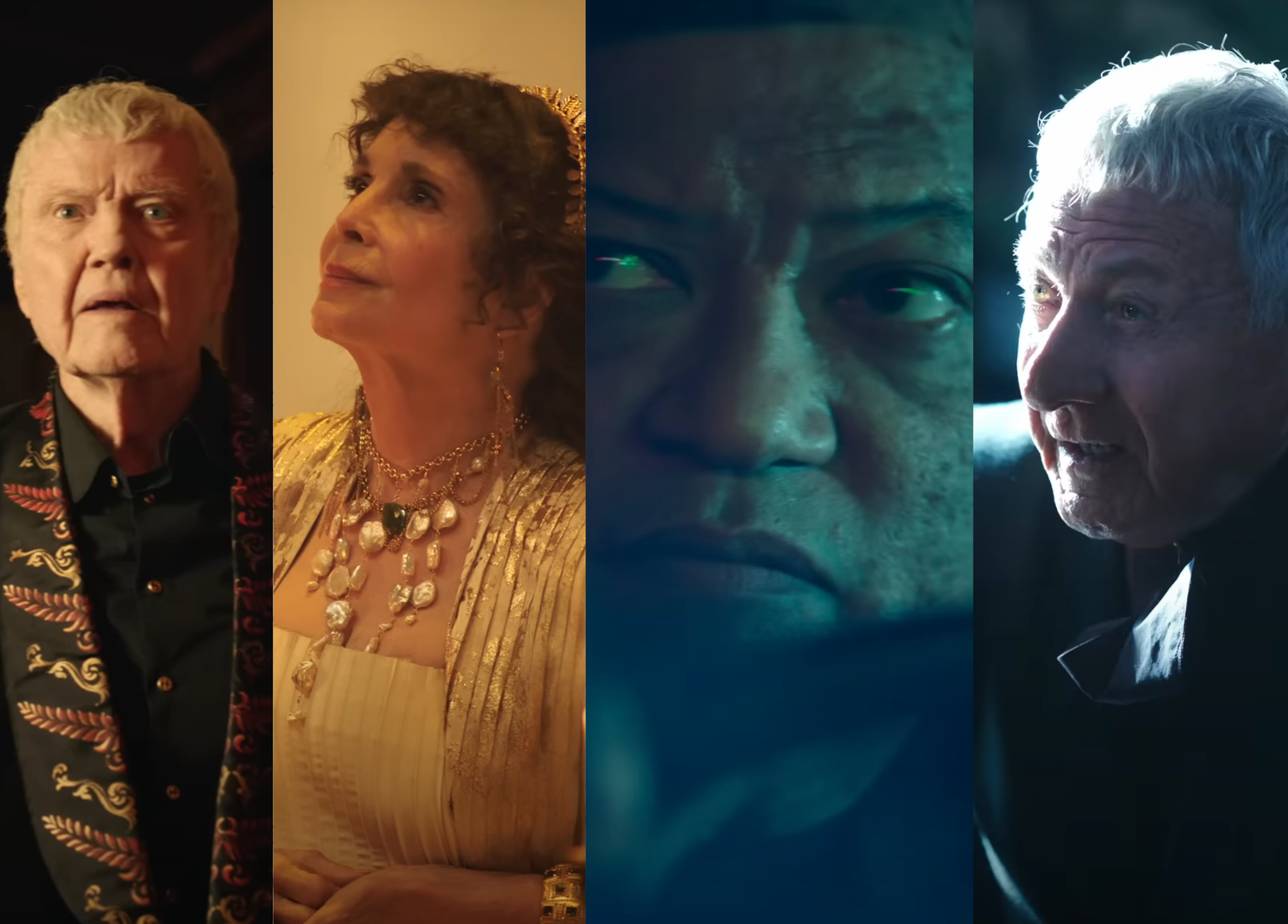 From left to right, Jon Voight, Talia Shire, Laurence Fishburne, and Dustin Hoffman in character for a TV or movie scene