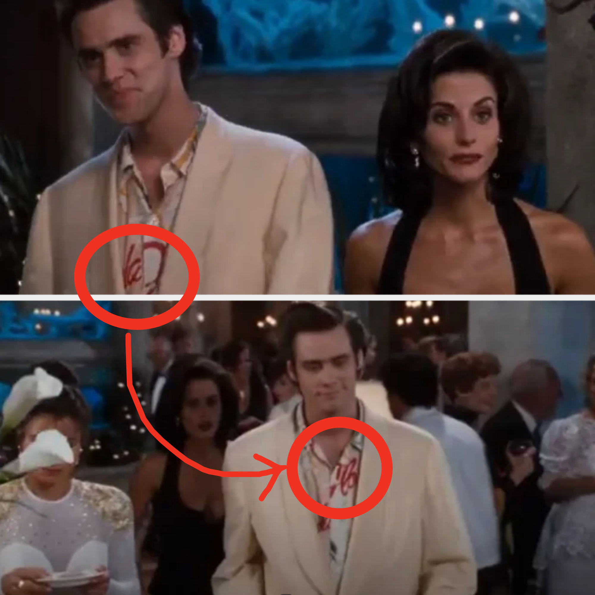 Jim Carrey in a beige suit and Courteney Cox in a black dress at a fancy event, with a humorous scene involving a woman with a tissue in the background