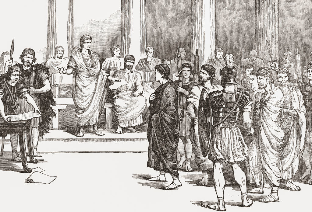 Ancient Roman Senate scene depicting senators in togas debating and discussing, with soldiers present. The image illustrates a historical political gathering