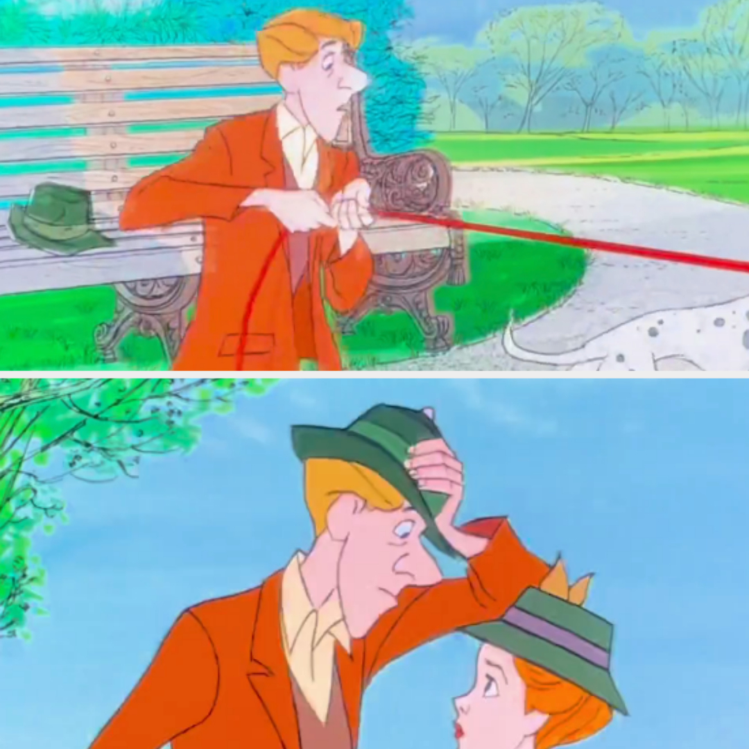 Cartoon character Roger Radcliffe from 101 Dalmatians is seen walking with a leash in the park and then tipping his hat while looking at another character