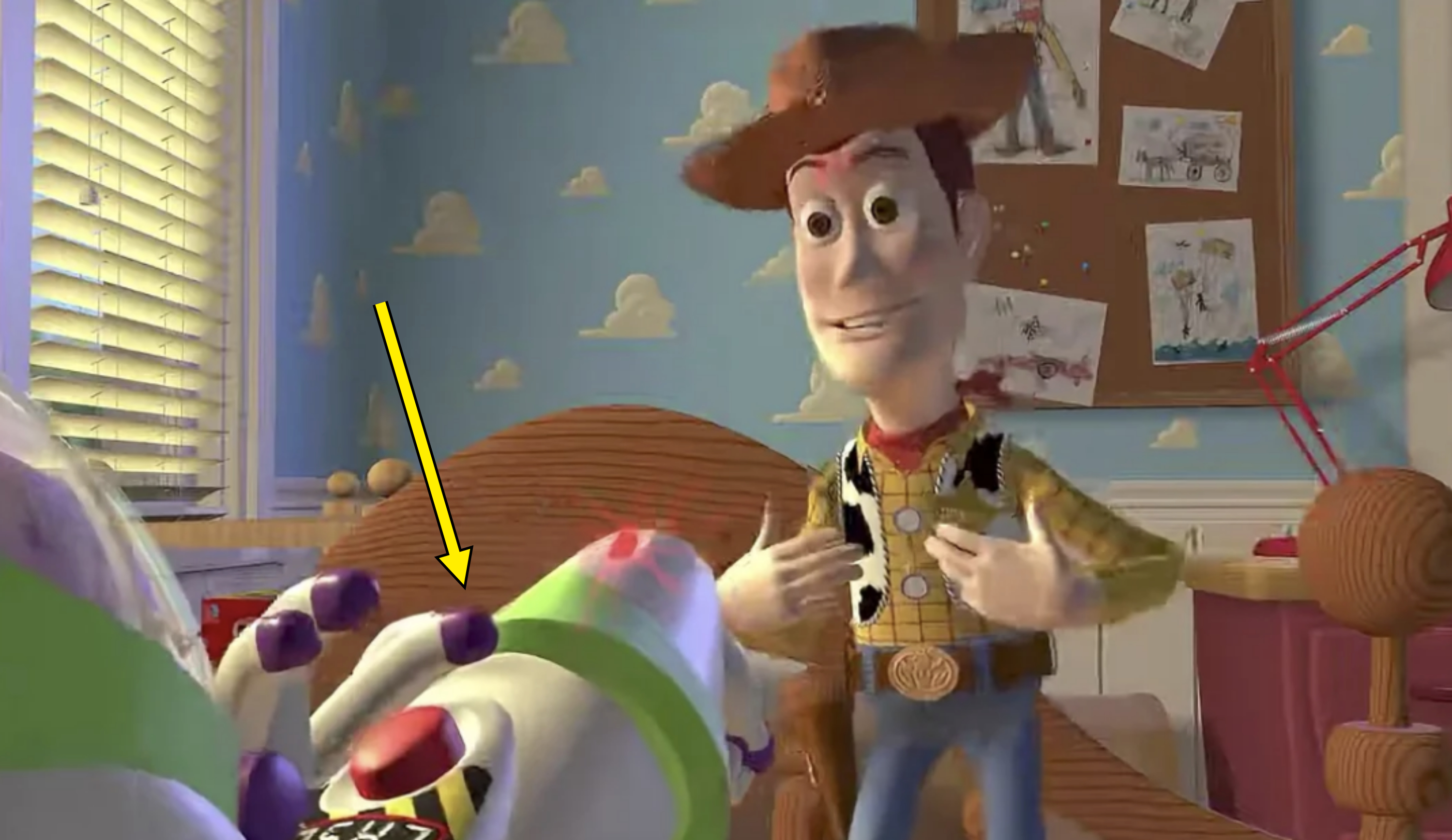Woody from Toy Story talks to Buzz Lightyear in a child's bedroom with cloud wallpaper, a wooden bed, and a bulletin board with drawings in the background