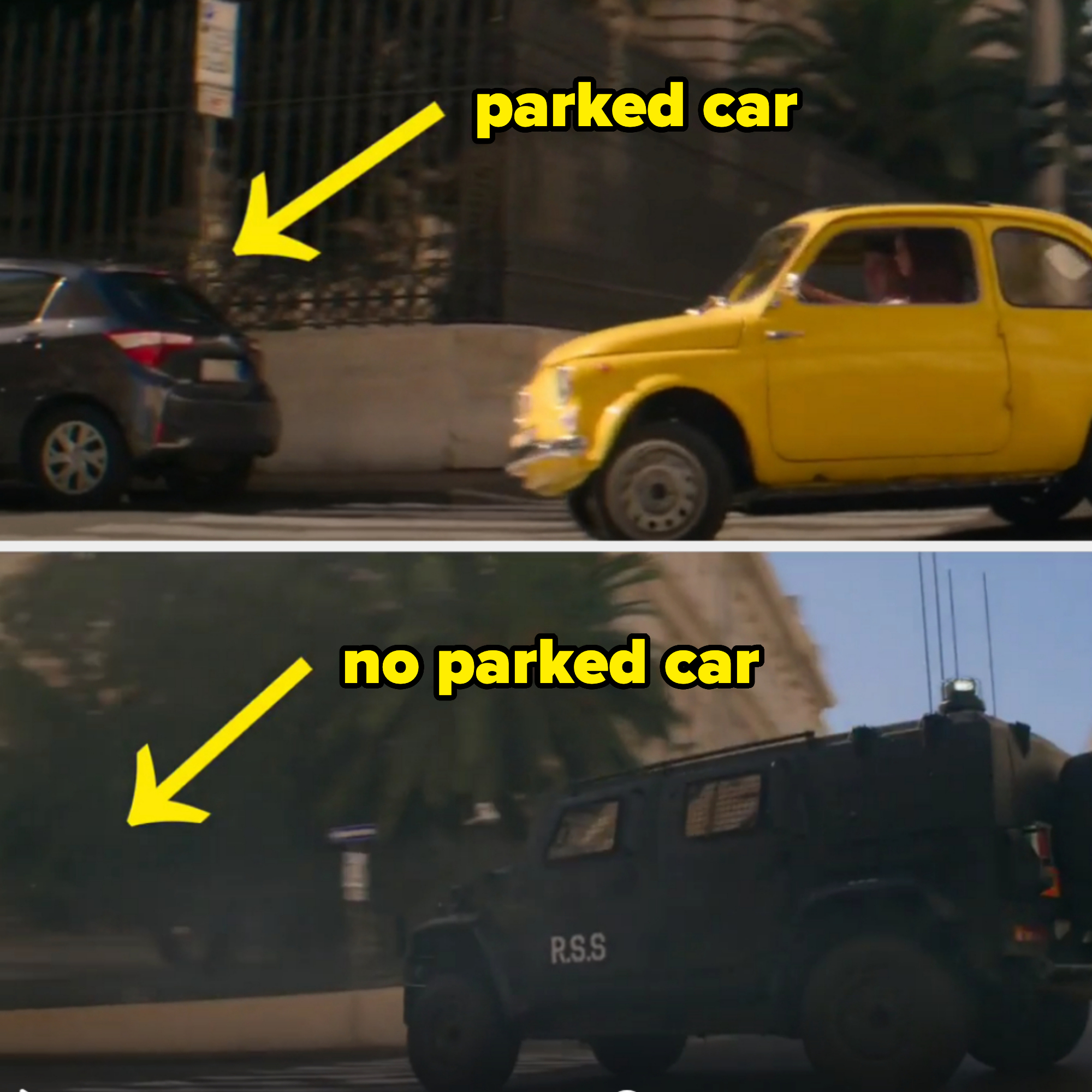 Two cars appear damaged in a scene: a yellow vintage car and a modern black SUV with "R.S.S" text on its side, both indicated by yellow arrows