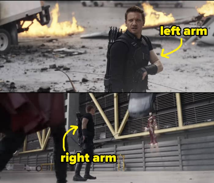 Jeremy Renner as Hawkeye stands ready with his bow in a destruction scene. Iron Man and Hawkeye face off in an industrial setting in another frame
