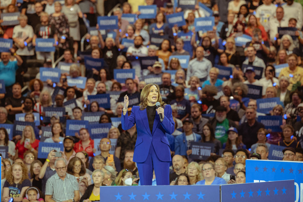 Vice President Kamala Harris speaks energetically on stage