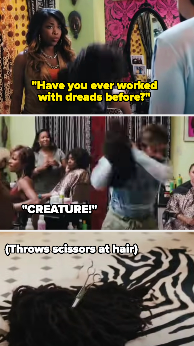 Three-part comic: Someone asks, &quot;Have you ever worked with dreads before?&quot; Another person yells, &quot;CREATURE!&quot; and throws scissors at a clump of dreadlocks on a table