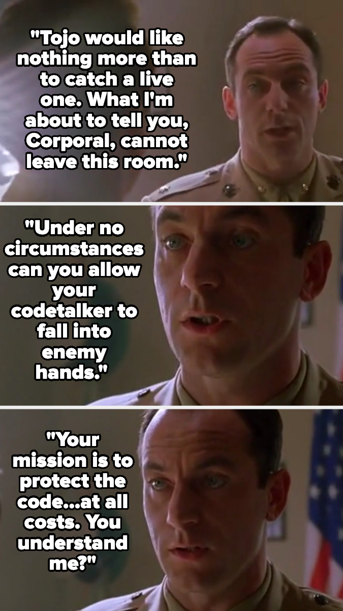 A military officer tells a corporal not to let their codetalker fall into enemy hands and emphasizes the importance of protecting the code at all costs