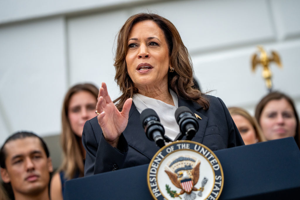 Kamala Harris, standing at a podium with the Presidential Seal, is speaking into microphones. People are blurred in the background