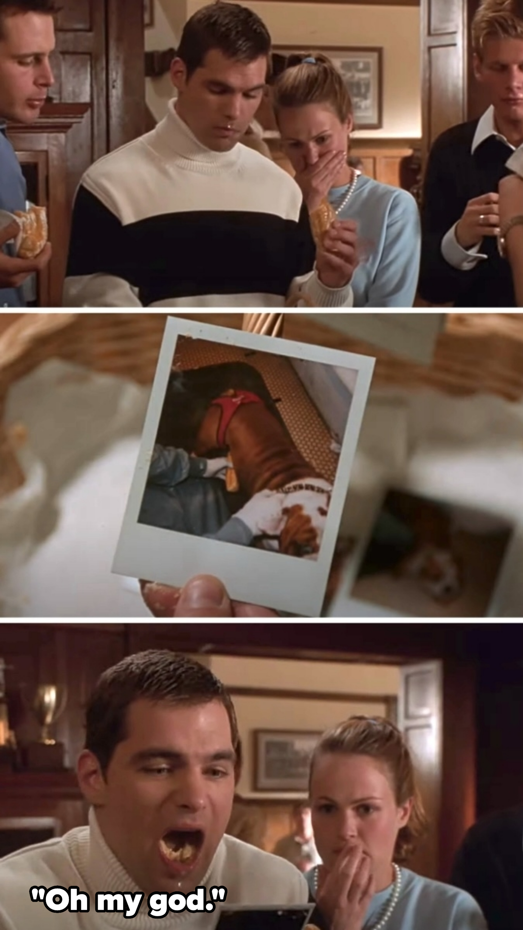 First image: Three people looking at something; second image: a close-up photo of a dog; third image: two shocked people looking at the photo