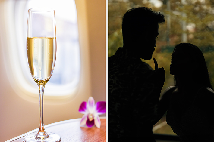 飛行機の窓の前に置かれたシャンパンのグラスとランの花。