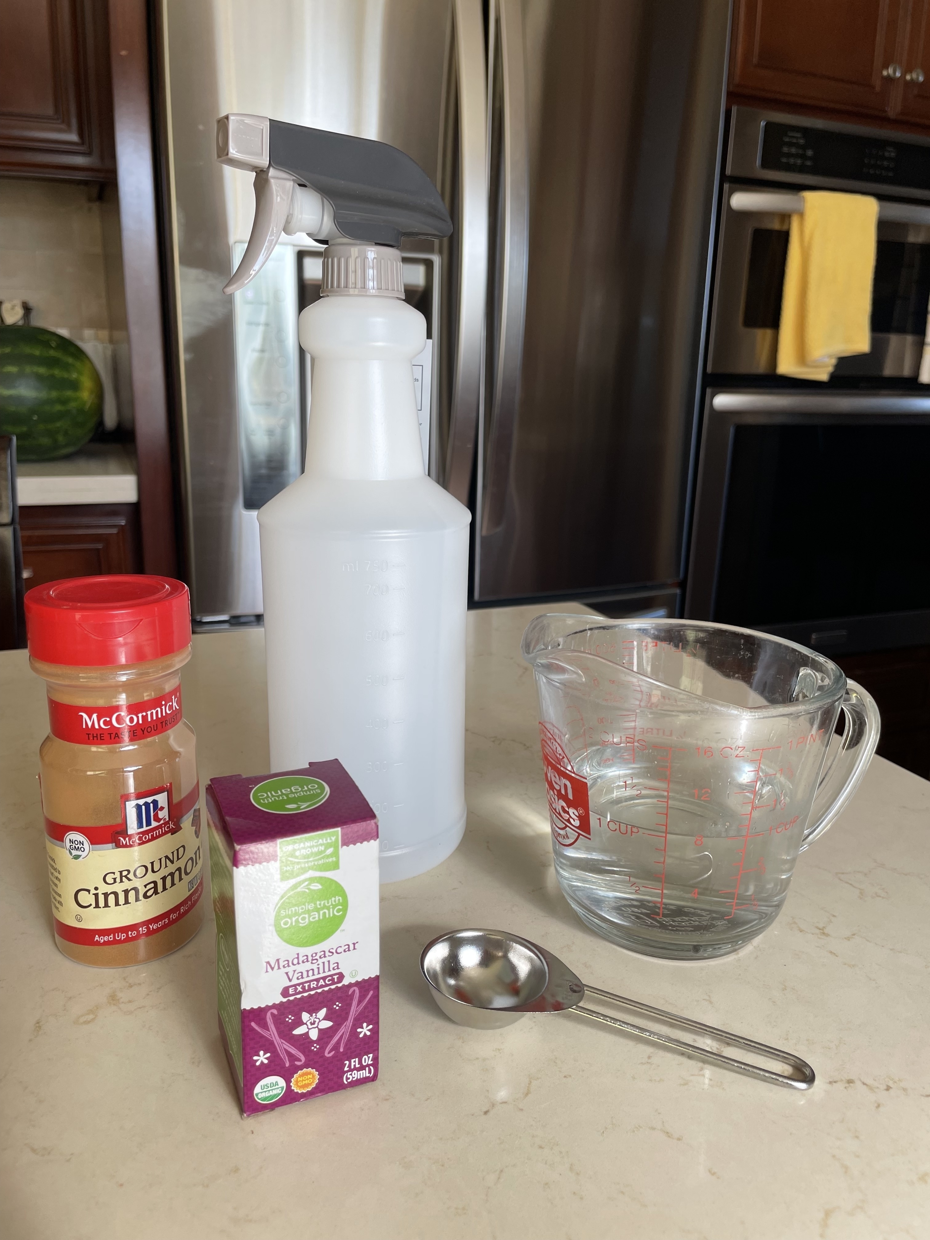 Ground cinnamon, Madagascar vanilla extract, measuring spoon, a spray bottle, and a glass measuring cup with water on a kitchen counter