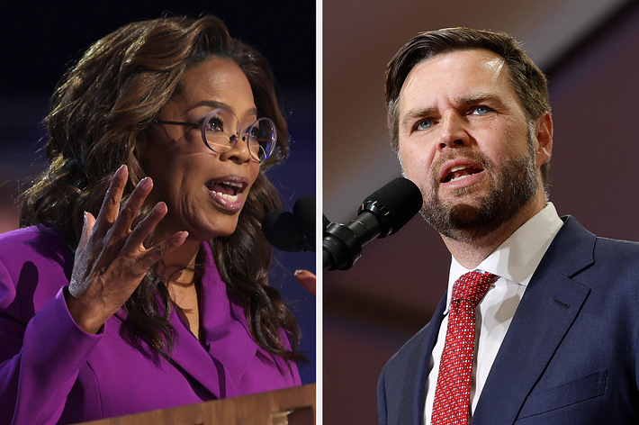 Oprah Winfrey speaks passionately while wearing glasses and a suit with a microphone, and J.D. Vance stands at a microphone, wearing a suit and tie