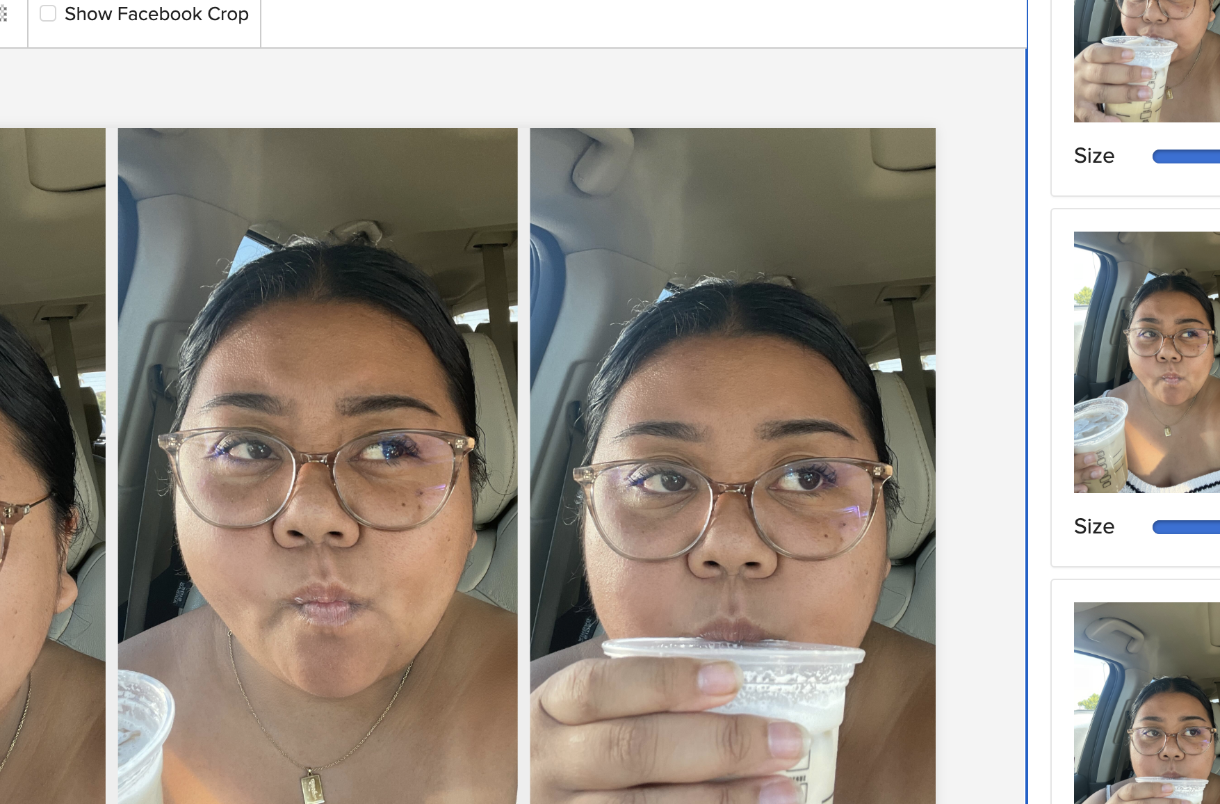 A woman drinks from a plastic cup with a lid and straw, taking a selfie in a car in each of the three frames