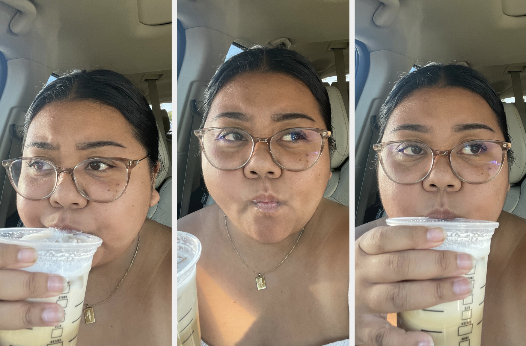 A woman drinks from a plastic cup with a lid and straw, taking a selfie in a car in each of the three frames
