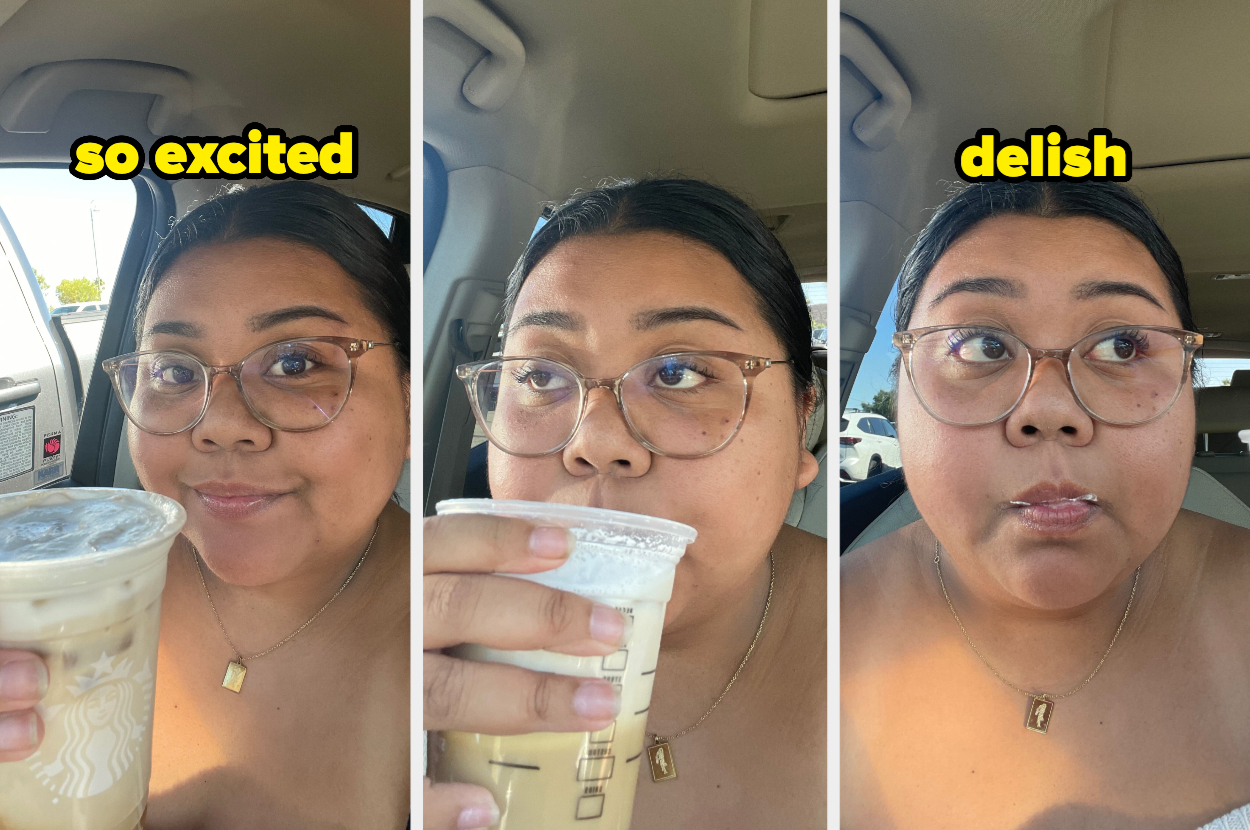 A person wearing glasses, holding and sipping an iced coffee in a car. Text on image: "so excited" and "delish"