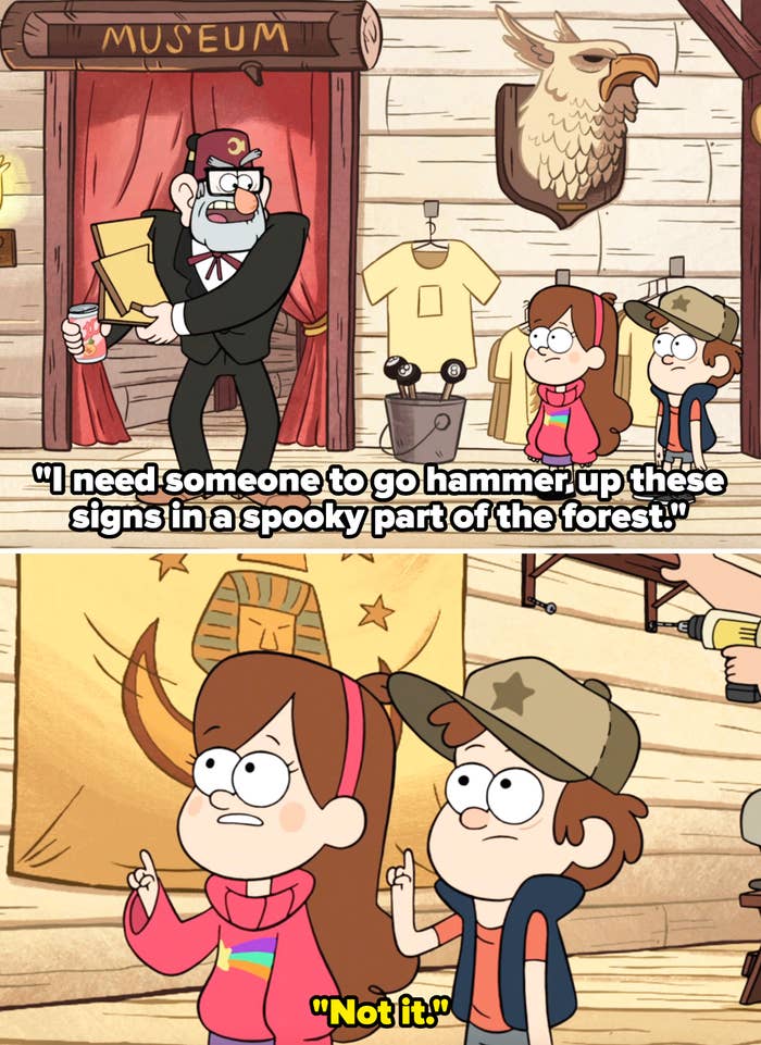 Grunkle Stan holding a can and papers, talking to Mabel and Dipper in the Mystery Shack from Gravity Falls. Mabel wears a pink sweater; Dipper wears a cap