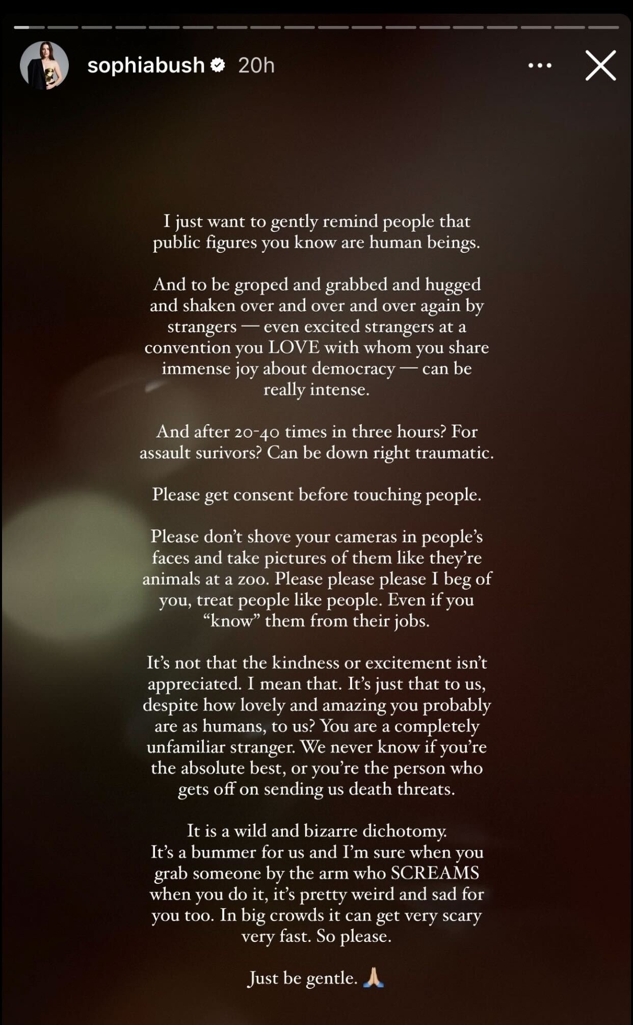 Instagram story post by Sophia Bush with a message encouraging people to treat public figures as human beings, respect their privacy, and be gentle