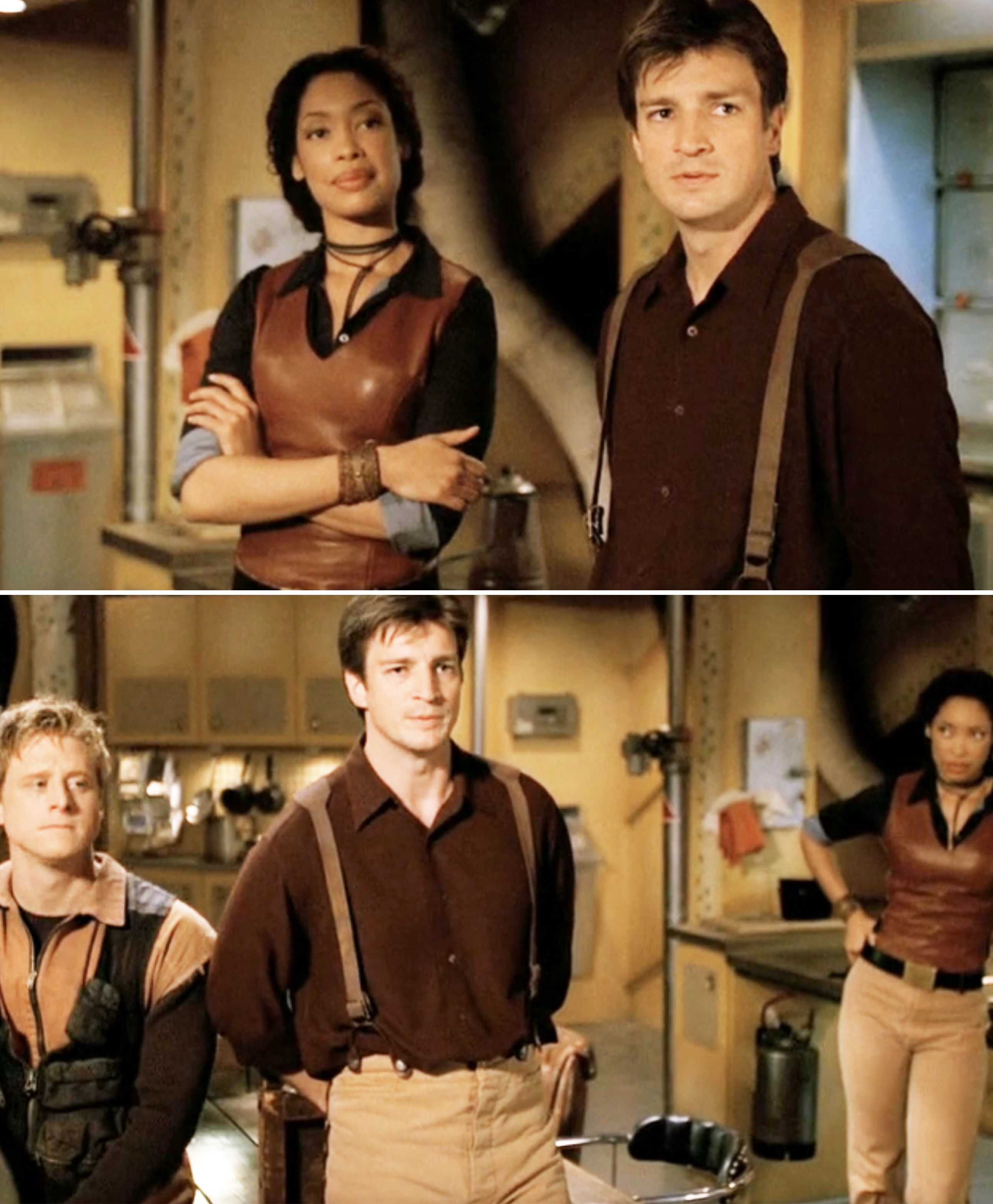 Actors in a scene from the TV show "Firefly," featuring Gina Torres, Nathan Fillion, and Alan Tudyk in period-styled, casual space frontier attire