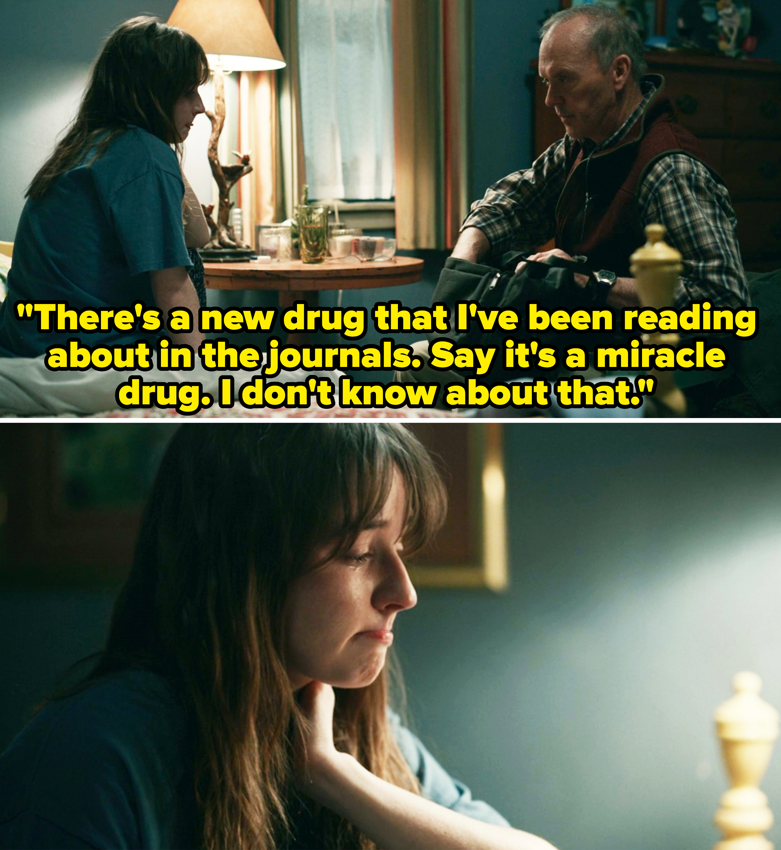 Michael Keaton and Kaitlyn Dever in a scene from "Dopesick," where Michael's character talks about a brand-new drug that's supposed to be a miracle