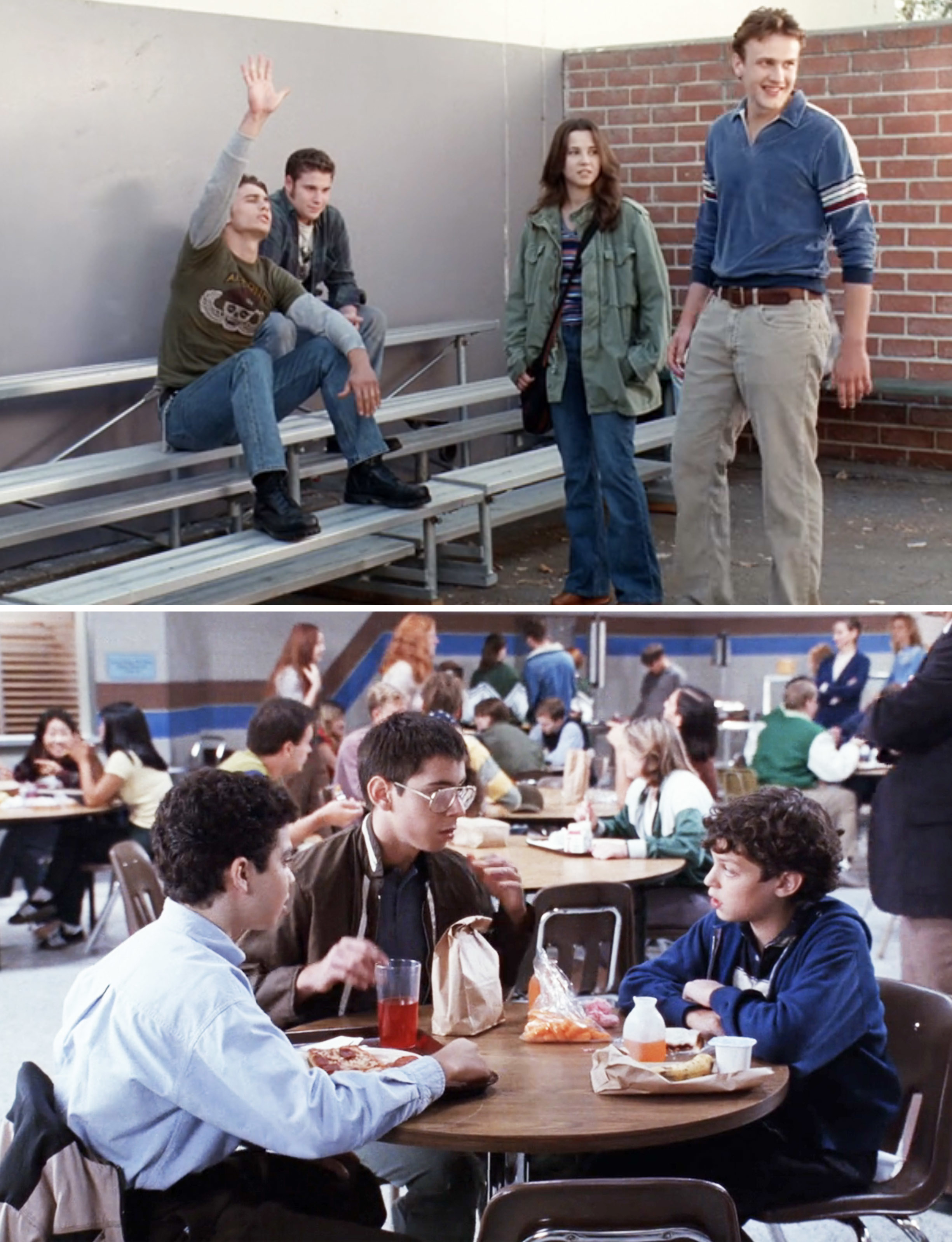 Split image from TV show "Freaks and Geeks": Top scene - James Franco, Jason Segel, and Linda Cardellini by bleachers. Bottom scene - John Daley, Martin Starr, and Samm Levine in cafeteria